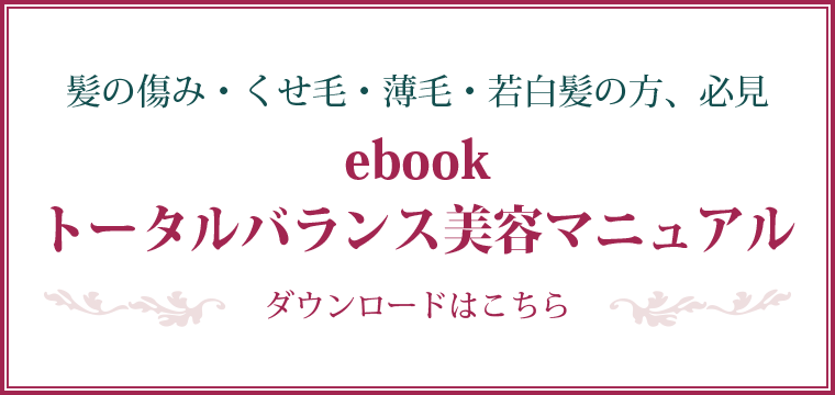 髪の傷み・くせ毛・薄毛・若白髪の方、必見 ebook トータルバランス美容マニュアル ダウンロードはこちら